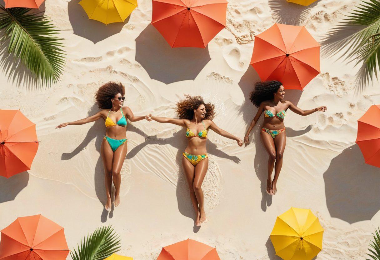 A bright beach scene featuring diverse women of different ethnicities wearing vibrant and stylish bikinis, playing in the sun and splashing in the ocean waves. The background showcases soft sand, palm trees, and beach umbrellas, creating a lively atmosphere of summer fun. Emphasize colors like turquoise, coral, and sunny yellows for a playful vibe. super-realistic. vibrant colors. white background.